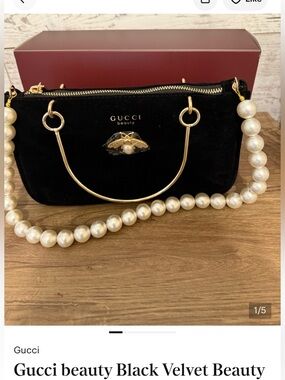 Gucci GWP Beauty Black Velvet Bag w/gold metal handles, pearls & bee attached